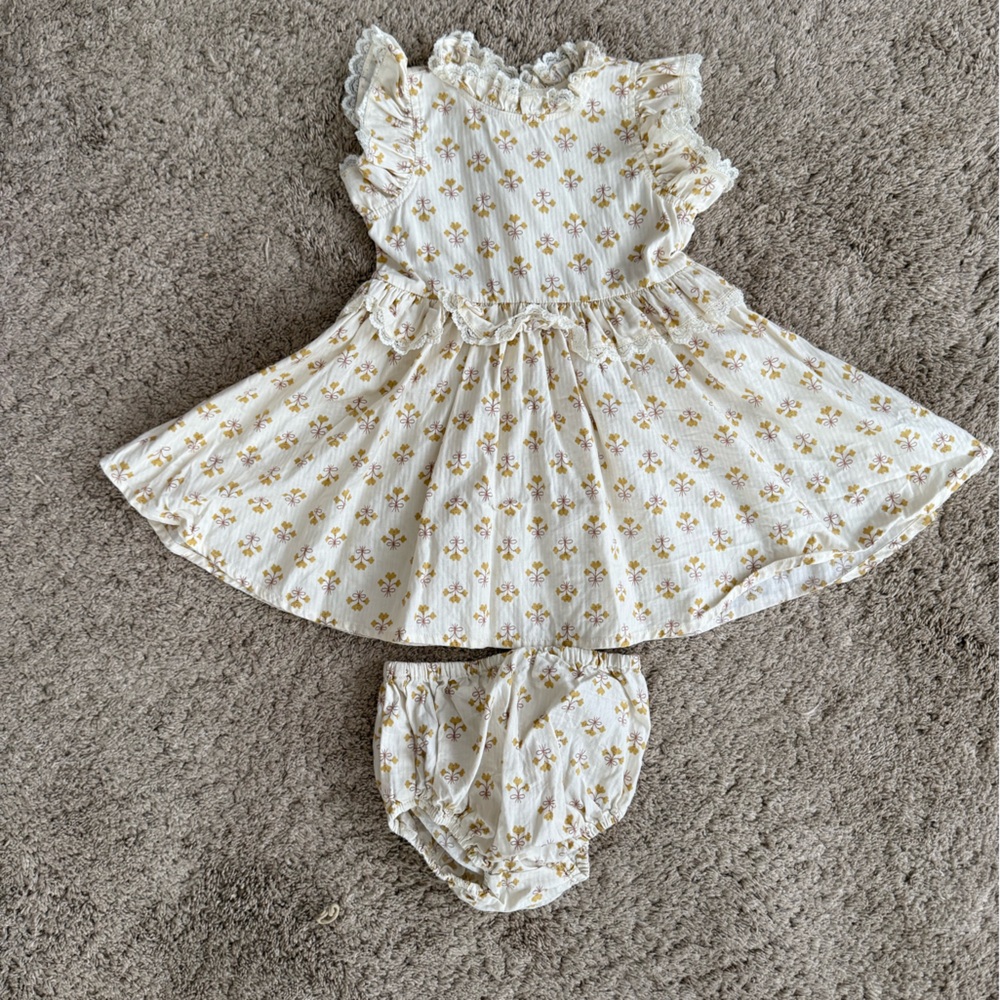 White & Gold Floral Ruffle Baby Dress with Matching Bloomers - Picture 2 of 8